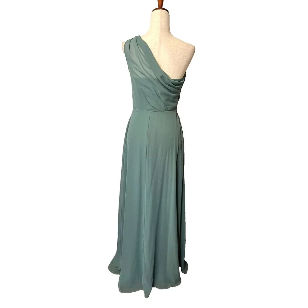 BIRDY GREY Womens S Dress Gown One Shoulder Chiffon Sea Glass Green Goddess Maxi